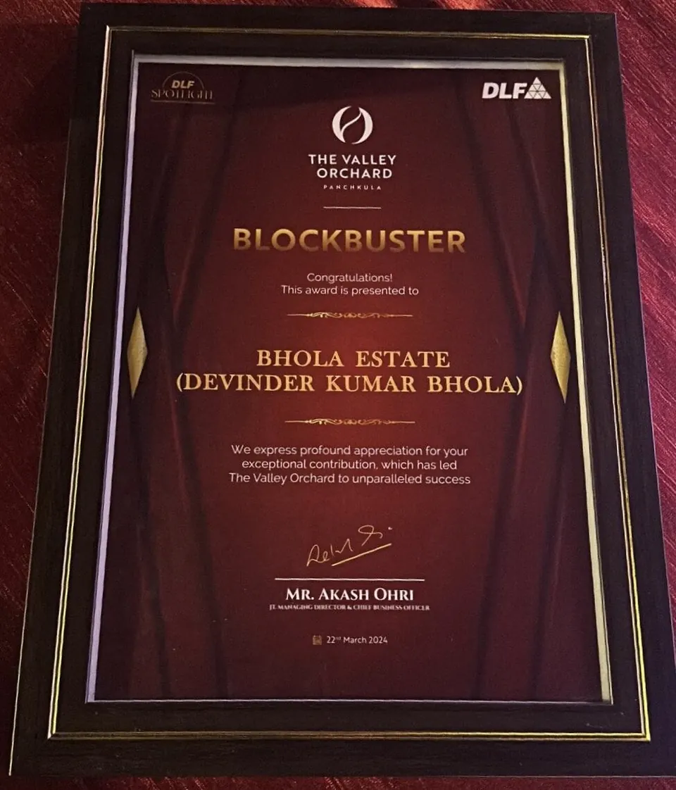 DLF The Valley Orchard "Blockbuster" certificate issued to Bhola Estate (Devinder Kumar Bhola)